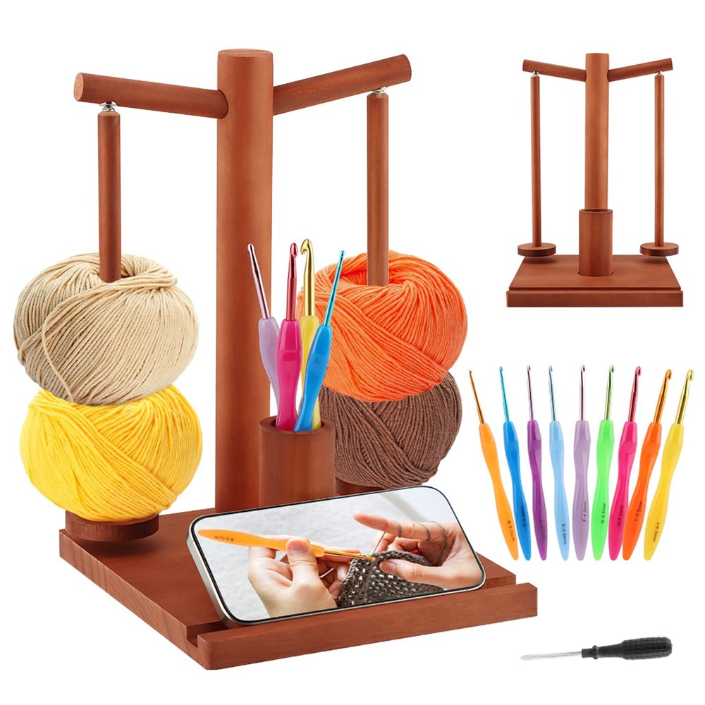 Wooden Yarn Holder for Crocheting and Knitting,Magnetic Rotating Yarn Spinner with 2 Spindles and 9 Crochet Hooks,Yarn Ball Holder Perfec-t for Crocheting and Knitting Lovers