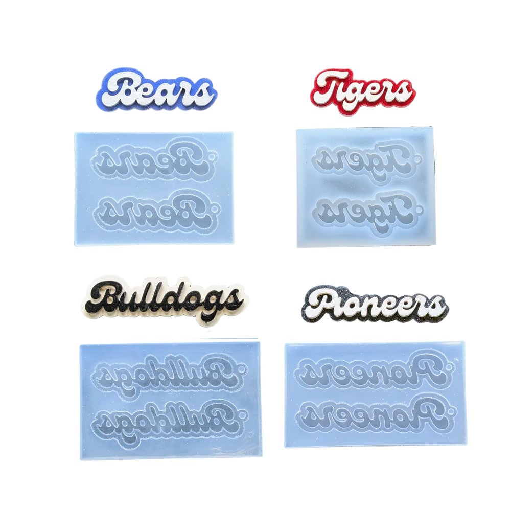 Double Layer Cursive Team Name Silicone Earring Molds, UV or Epoxy Resin, Wildcats, Tigers, Bulldogs, Bears, Cougars, Hawks, Lions, Pioneers, Panthers, Tigers, Warriors, Eagles, Knights, Rangers