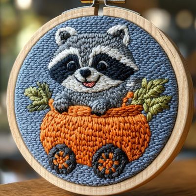 Punch Needle kit for Beginners, Cute Raccoon Holding Apple Punch Stitching kit for Adults, Needle Punch Kits for Adults, Handmade DIY Creative Project