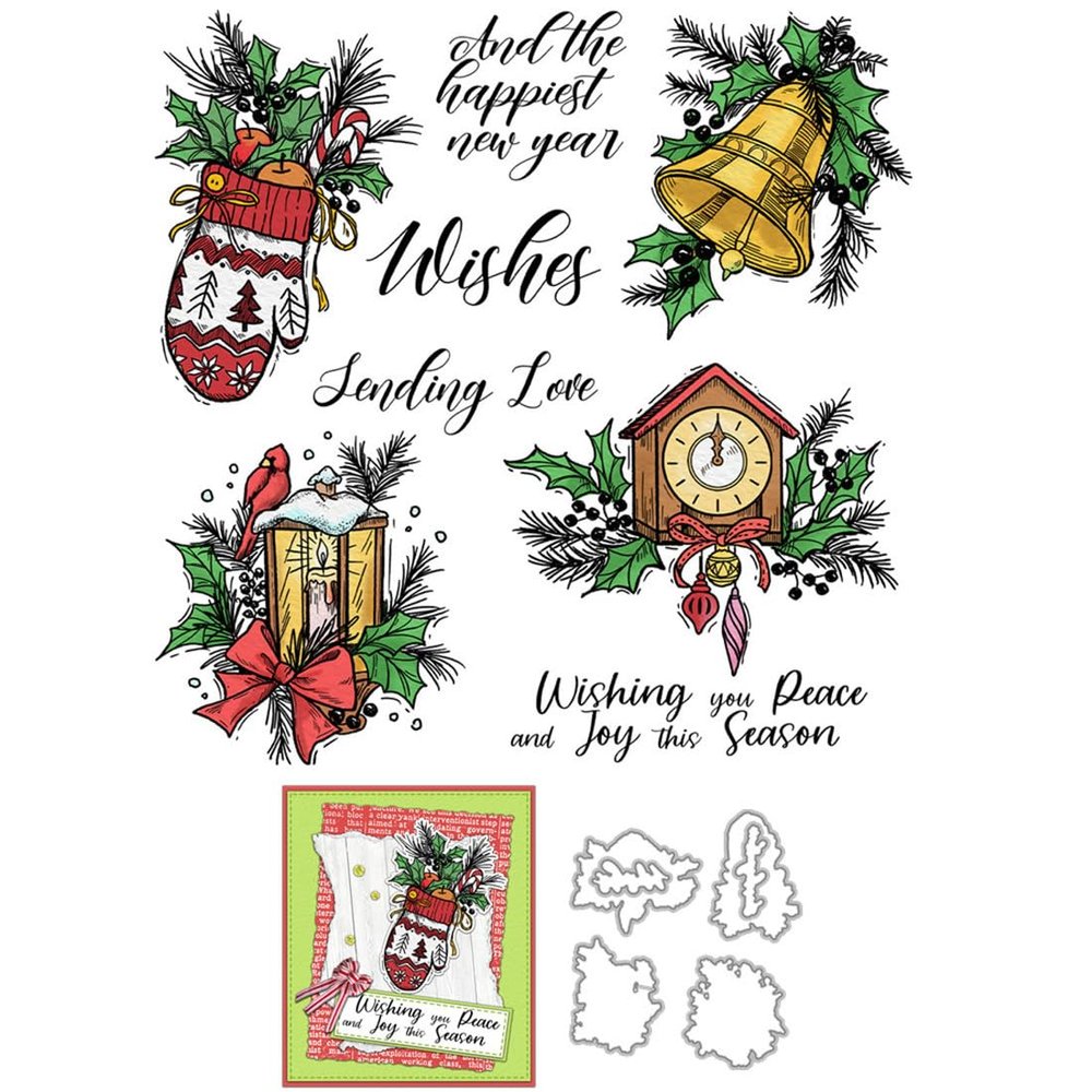 Christmas Element Bells Stamps and Cutting Dies for Card Making DIY Transparent Silicone Clear Stamp and Metal Die Cuts Sets for Scrapbooking Paper Greeting Cards Decor Seals Craft Supplies