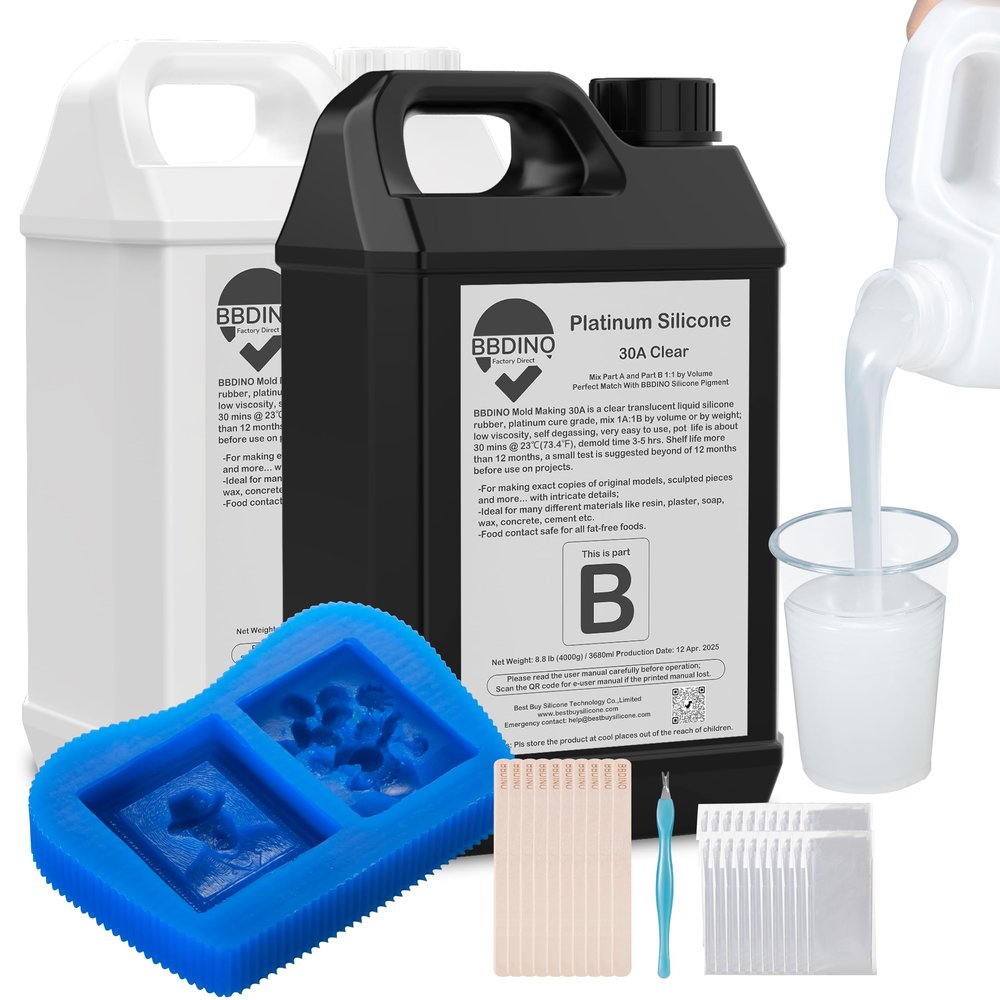 BBDINO Silicone Mold Making Kit, Liquid Silicone for Molds Making 30A Clear, High Strength Silicon Rubber 2 Gallon Kit 1:1 by Volume Ideal for Mold Casting of Resin/Jewelry/Candle/Concrete/Plaster