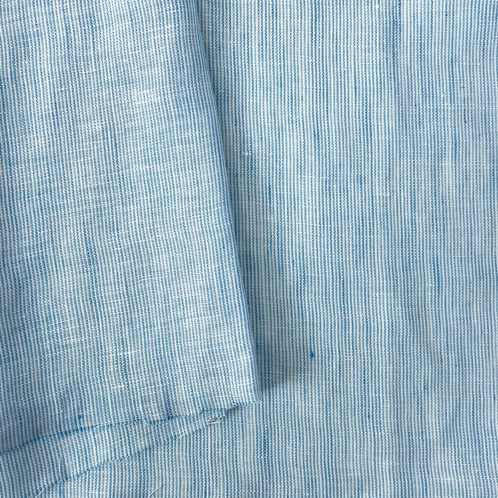 100% Linen Woven Fabric Pre-Washed Soft Touch Lightweight Varied Vertical Stripe Patterns 51~52 Wide Ideal for Sewing & DIY (1 Yard pre Cut, Thin Stripe Blue 4708)