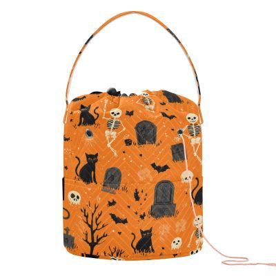 ElliTarr Crochet Bag Yarn Bag with Handle Portable Knitting Project Bag Travel Yarn Storage Organizer Holder Case Halloween Orange Skeletons Cat Bats Tombstones Trees