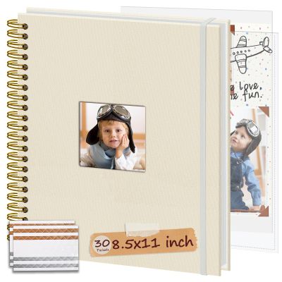 Hiwhy 8.5x11 Inch Scrapbook Photo Album, Linen Cover DIY Scrapbooks with 30 Sheets Plastic Sleeves 60 Pages Memory Book for Wedding Birthday Baby Travel (Beige)