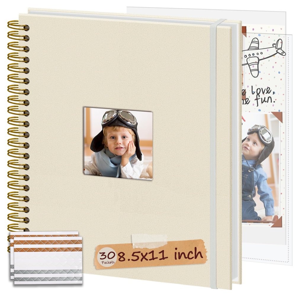 Hiwhy 8.5x11 Inch Scrapbook Photo Album, Linen Cover DIY Scrapbooks with 30 Sheets Plastic Sleeves 60 Pages Memory Book for Wedding Birthday Baby Travel (Beige)