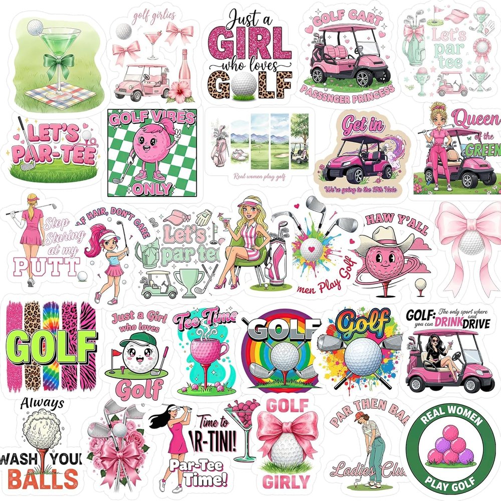 30pcs Golf Stickers for Women, Waterproof Vinyl Golf Girl Sticker Pack, Cute Pink Golf Decals for Water Bottles, Laptops, Tumblers, Golf Carts, Journals
