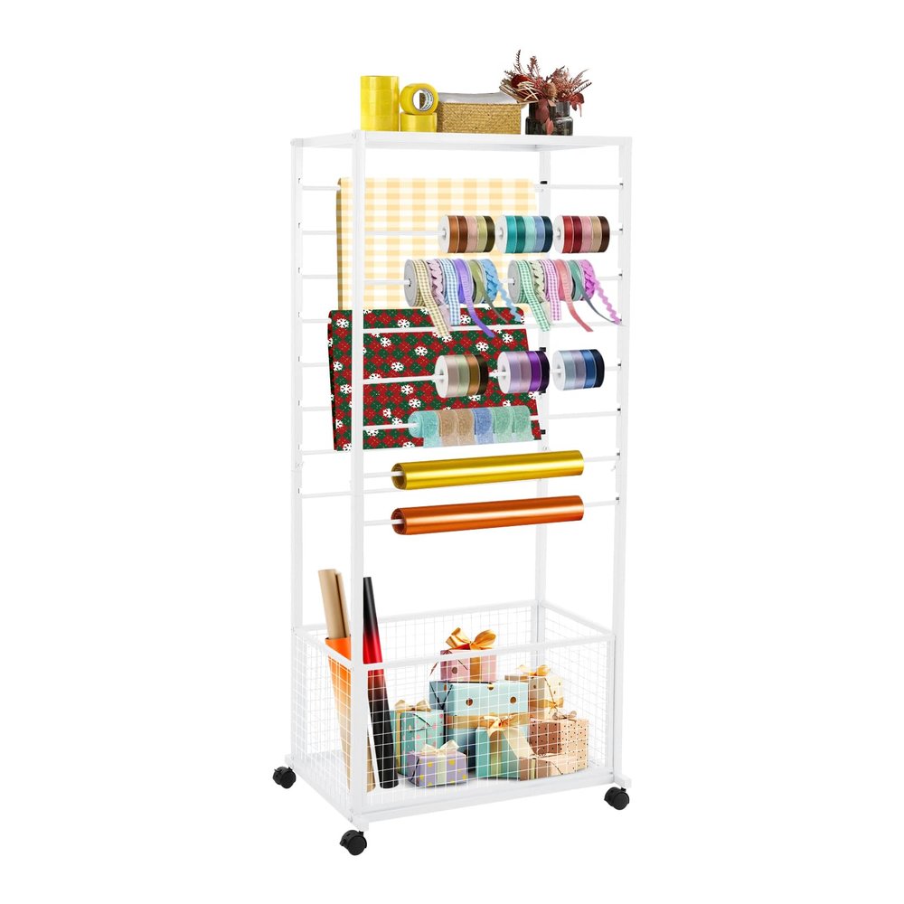 16-Tier Metal Ribbon Organizer Storage Rack, Multifunctional Flower Wrapping Paper Storage Stand, Universal Holder for Wrapping Paper, Scarf, Belt & Towel for Craft Room, Flower & Cake Shop (White)