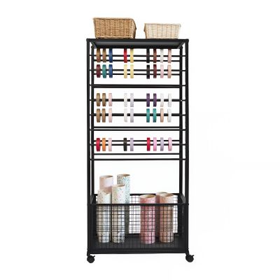 Apexonix 16 Tier Ribbon Organizer Rack Double-Sided Ribbon Holder with Wheels and Bottom Basket Metal Wrapping Papers Storage Stand for Towels Scarves Ties Belts Craft Room (Black)