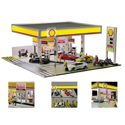 1:64 Shell Gas Station Diorama Model, Realistic Miniature Fuel Station Scene with LED Lighting, Compatible with 1:64 Diecast Cars, DIY Miniature for Adults(Cars & Figures not Included)