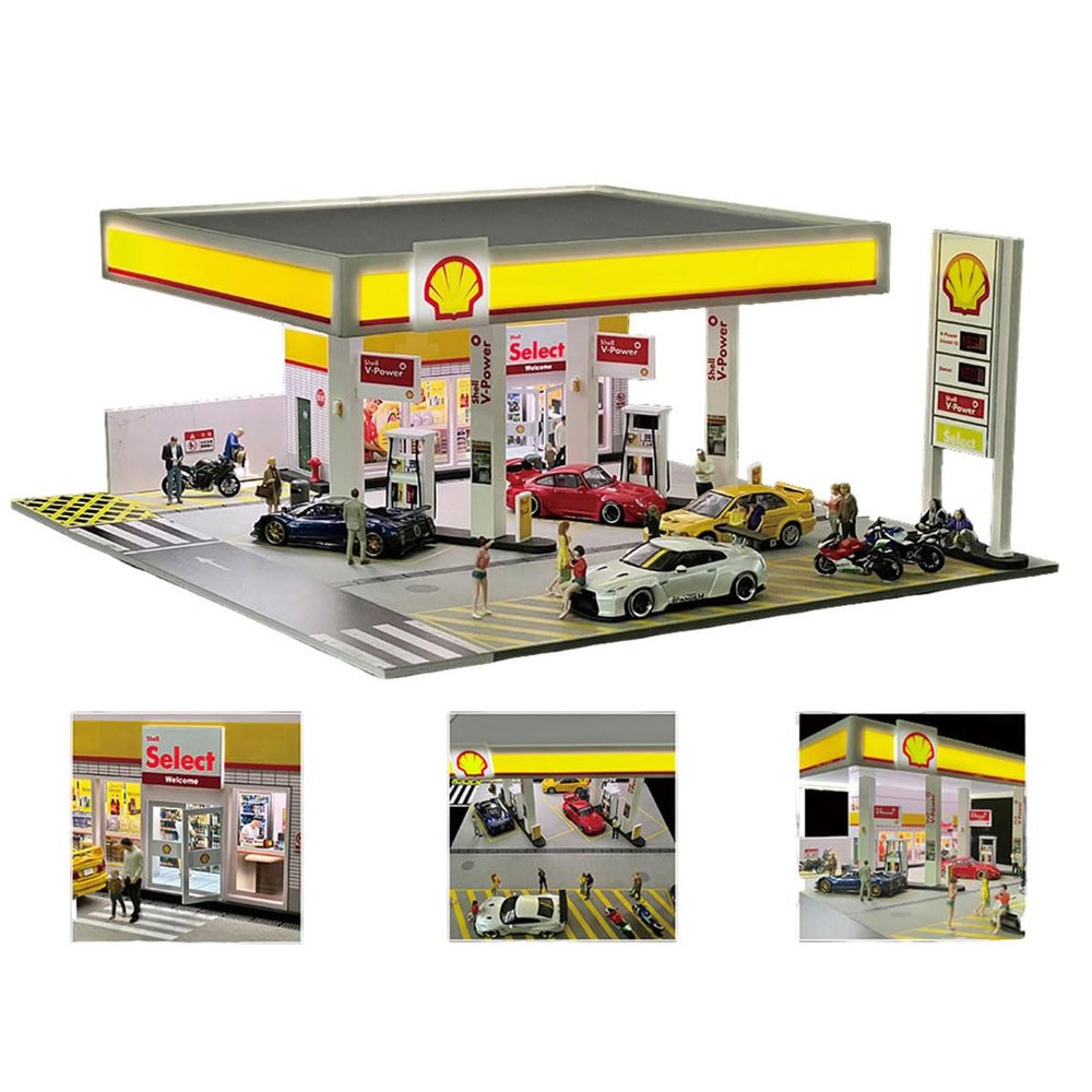 1:64 Shell Gas Station Diorama Model, Realistic Miniature Fuel Station Scene with LED Lighting, Compatible with 1:64 Diecast Cars, DIY Miniature for Adults(Cars & Figures not Included)