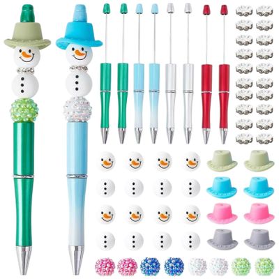 NASSMOSSE Christmas Beaded Pen Kit DIY Beadable Pens 4 Style Plastic Bead Pens Christmas Snowman Hat Silicone Beads Crystal Spacer Beads Craft Supplies for Teachers, Students Gifts