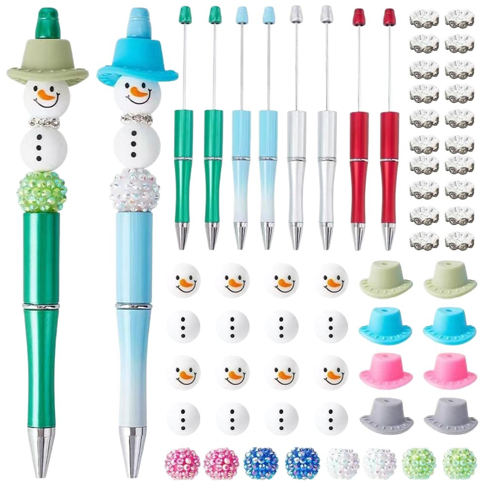 NASSMOSSE Christmas Beaded Pen Kit DIY Beadable Pens 4 Style Plastic Bead Pens Christmas Snowman Hat Silicone Beads Crystal Spacer Beads Craft Supplies for Teachers, Students Gifts