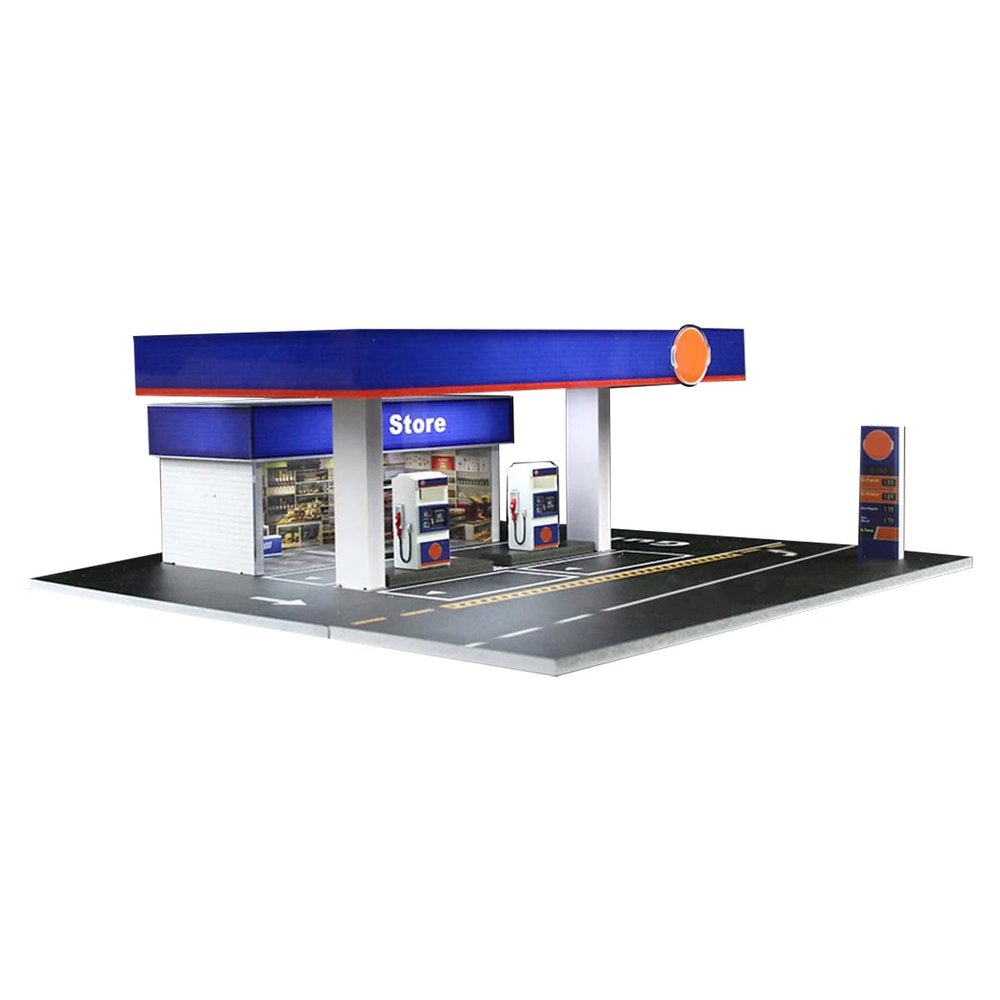 1/64 Scale Gulf Gas Station Diorama Street Model with Lights, Miniature Building Scene for Model Car Display, Creative Decor & Gift (Cars & Figures Not Included)