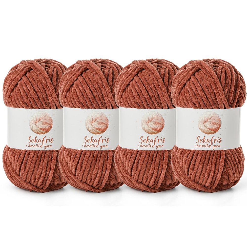 4 Pack Chunky Chenille Yarn for Crocheting, Baby Yarn for Crocheting Soft Blanket, 349.9 yds /14.1 oz Crochet Yarn, Bulky 5 Amigurumi Yarns, Fluffy Velvet Yarns for Knitting Crafts (4 Rust)