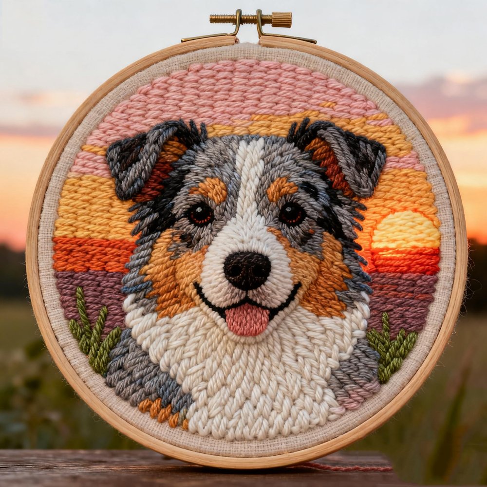 DIY Punch Needle Kits Australian Shepherd Sunset Easy for Beginners Embroidery Starter Set with Hoop Needlepoint Craft Hobby and Home Decor 20x20cm