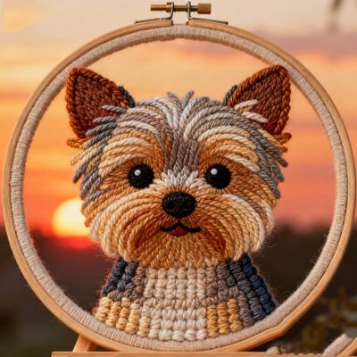 DIY Punch Needle Kits Yorkshire Terrier Sunset Easy for Beginners Embroidery Starter Set with Hoop Needlepoint Craft Hobby and Home Decor 20x20cm