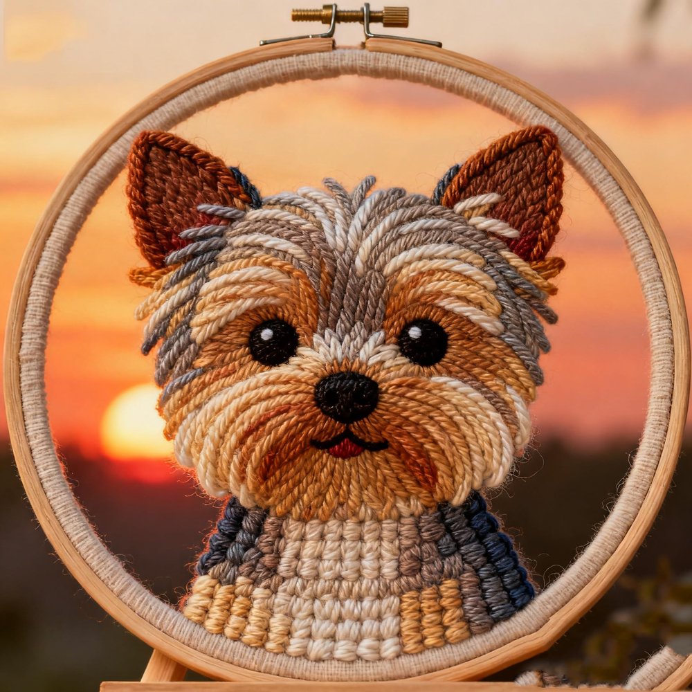 DIY Punch Needle Kits Yorkshire Terrier Sunset Easy for Beginners Embroidery Starter Set with Hoop Needlepoint Craft Hobby and Home Decor 20x20cm