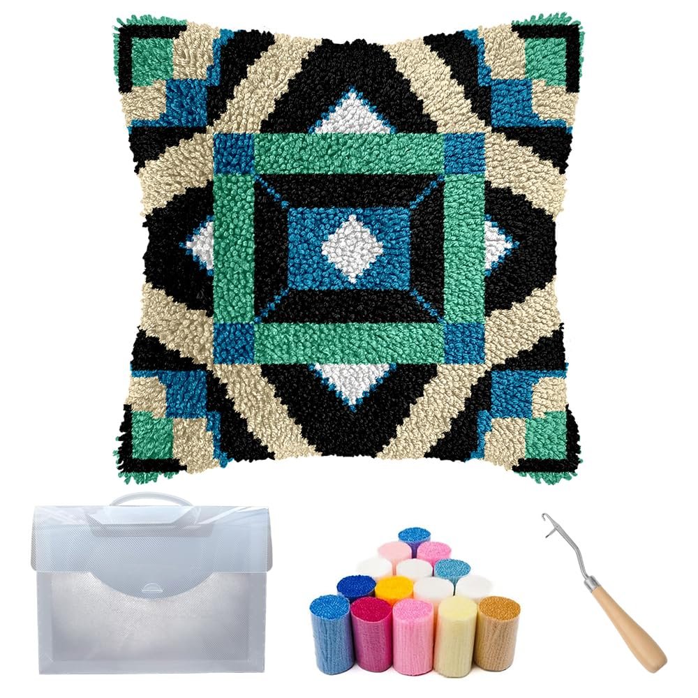 Cozykeke Pattern Latch Hook Kit,DIY Pillow Cover Cushion Craft Kits with Pre-Printed Canvas for Adults and Beginners, Suitable for Home Decor and Festival Gift 17 * 17in (BX63)