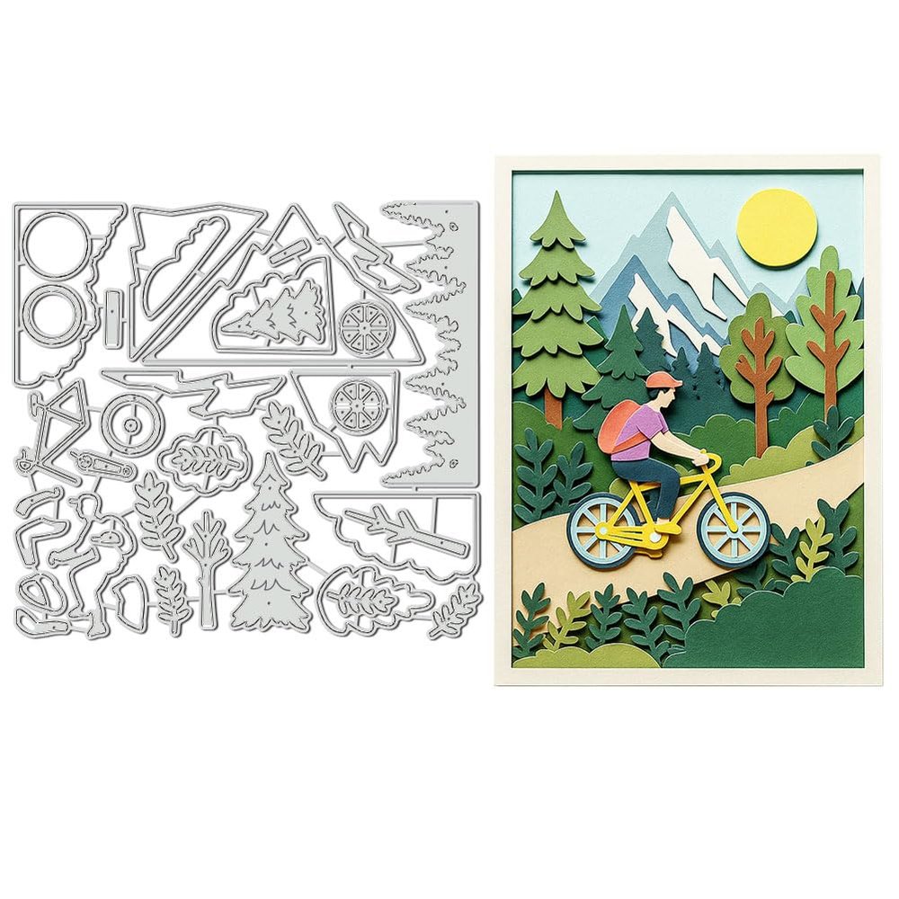 UNICRAFTALE 39Pcs Cycling Bicycle Carbon Steel Cutting Dies Stencils Cyclist Rider Cutting Dies for Paper Card Making Forest Mountain View Embossing Paper Die Stencils for Scrapbooking Photo Album