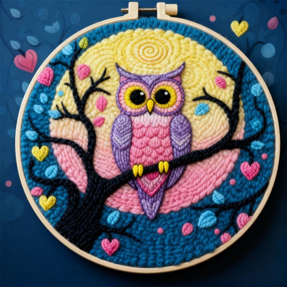 DIY Punch Needle Kits Cute Owl and Moon Easy for Beginners Starter Set with Hoop Needlepoint Embroidery Craft Hobby and Home Decor 20x20cm