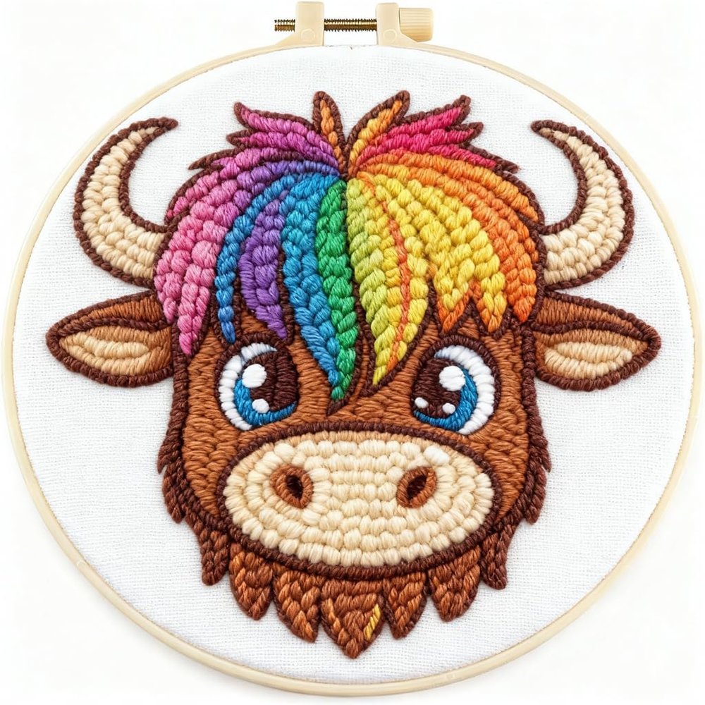 DIY Punch Needle Kits Rainbow Hair Highland Cow Easy for Beginners Starter Set with Hoop Needlepoint Embroidery Craft Hobby and Home Decor 20x20cm