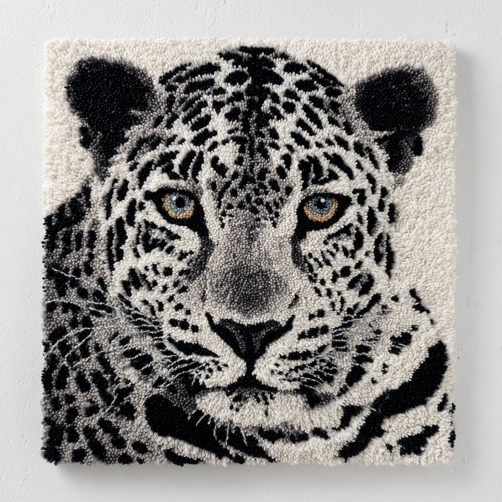 DIY Punch Needle Kits Black and White Leopard Portrait Wooden Framed Pre-Printed Embroidery Starter Set Stress Relief Craft Hobby and Home Decor 20x20cm