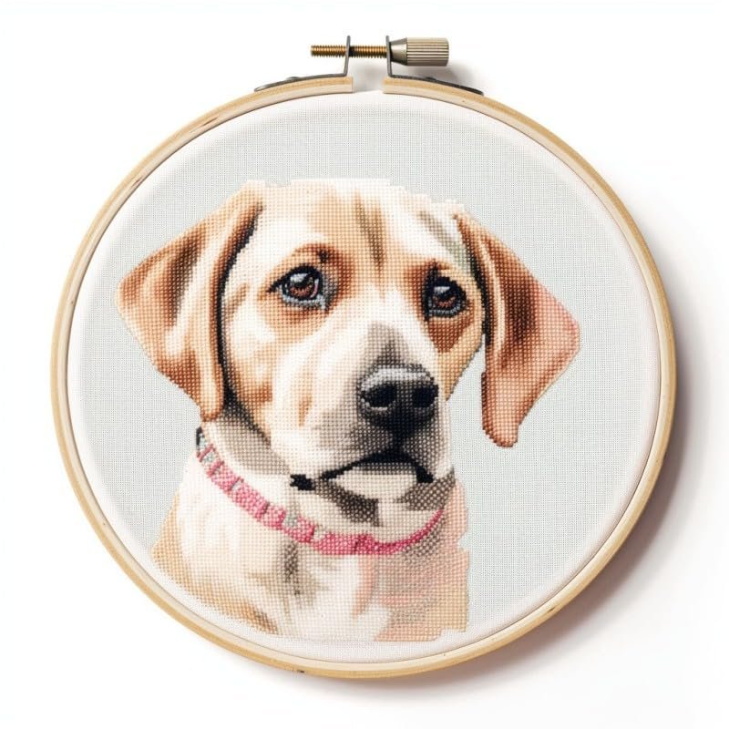 Cute Labrador Cross Stitch Kits with Hoop Easy Pattern Stamped Cross-Stitch Supplies Needlework DIY 11CT 2 Strands Cotton Thread Printed DIY Needlepoint Kits 3535cm (jc65)