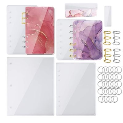 Cwmiibili Large Notebook Cover Epoxy Resin Silicone Molds A4,A5,A6,A7 Bookmark Loose Leaf Binder Rings Kit DIY Casting Tool