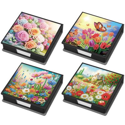 POETRYDRAW 4 Pcs Diamond Art Painting Kit Note Box, Diamond Art Notecard Box Sticky Note Holder for Adults Memo Pad Holder, Contains 160 Sheets of Paper (Flower)