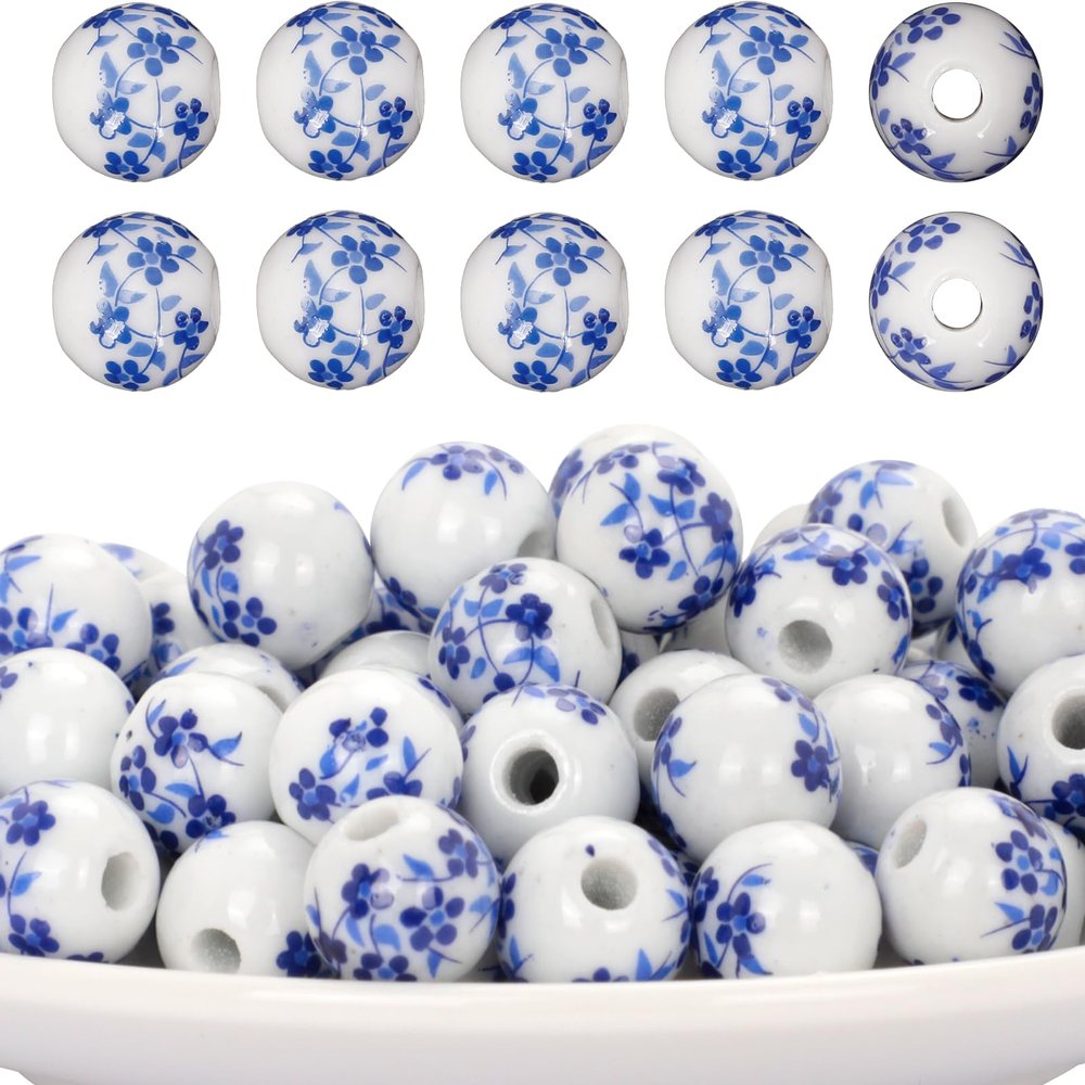 100PCS Handmade Porcelain Beads 10mm Blue Flower Ceramic Beads Round Spacer Loose Beads for Jewelry Making Earrings Necklaces Christmas Birthday Gifts