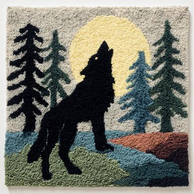 DIY Punch Needle Kits Wolf in Forest Under Moon Wooden Framed Pre-Printed Embroidery Starter Set Stress Relief Craft Hobby and Home Decor 20x20cm-2