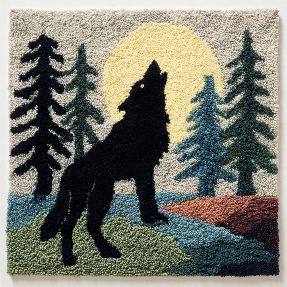 DIY Punch Needle Kits Wolf in Forest Under Moon Wooden Framed Pre-Printed Embroidery Starter Set Stress Relief Craft Hobby and Home Decor 20x20cm-2