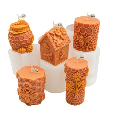 5PCS-3D Honeycomb Pillar Candle Silicone Mold DIY Embossed Bee and Flower Bee Cylinder Aromatherapy Candle Plaster Molds Handmade Home Decor Gift(Honeycomb Mold-12)