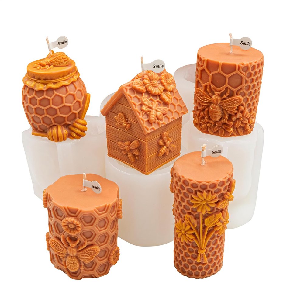 5PCS-3D Honeycomb Pillar Candle Silicone Mold DIY Embossed Bee and Flower Bee Cylinder Aromatherapy Candle Plaster Molds Handmade Home Decor Gift(Honeycomb Mold-12)