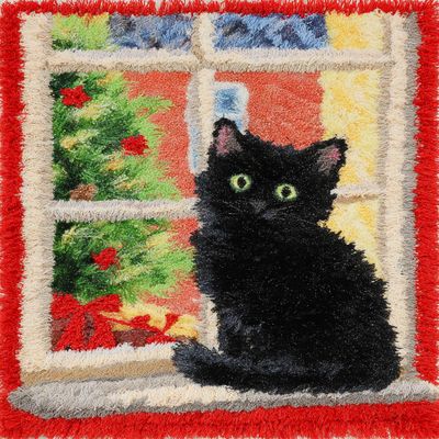 DIY Latch Hook Rug Kit Black Cat Back Sit on Window Look Outside Christmas Easy for Beginners Crochet Yarn Hook and Latch Tapestry Mat Cushion Craft Set for Home Decor 38x52cm-2
