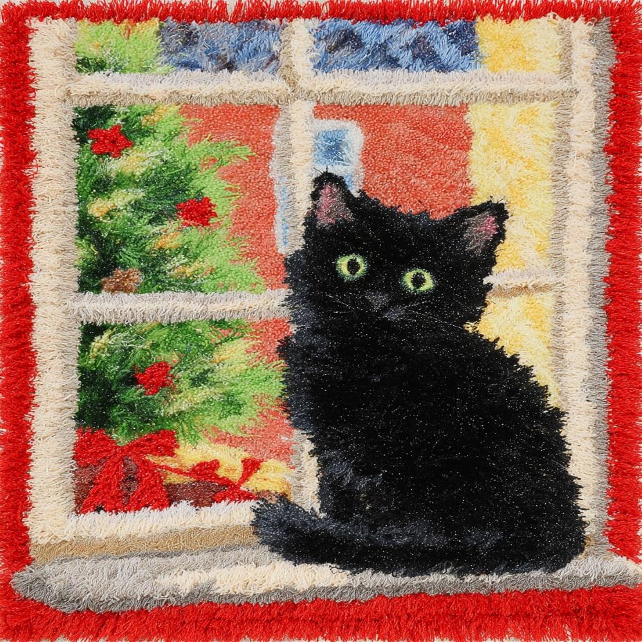 DIY Latch Hook Rug Kit Black Cat Back Sit on Window Look Outside Christmas Easy for Beginners Crochet Yarn Hook and Latch Tapestry Mat Cushion Craft Set for Home Decor 38x52cm-2