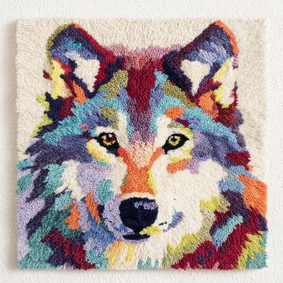 DIY Punch Needle Kits Cute Colorful Arctic Wolf Portrait Square Framed Pre-Printed Embroidery Starter Set Stress Relief Craft Hobby and Home Decor 20x20cm