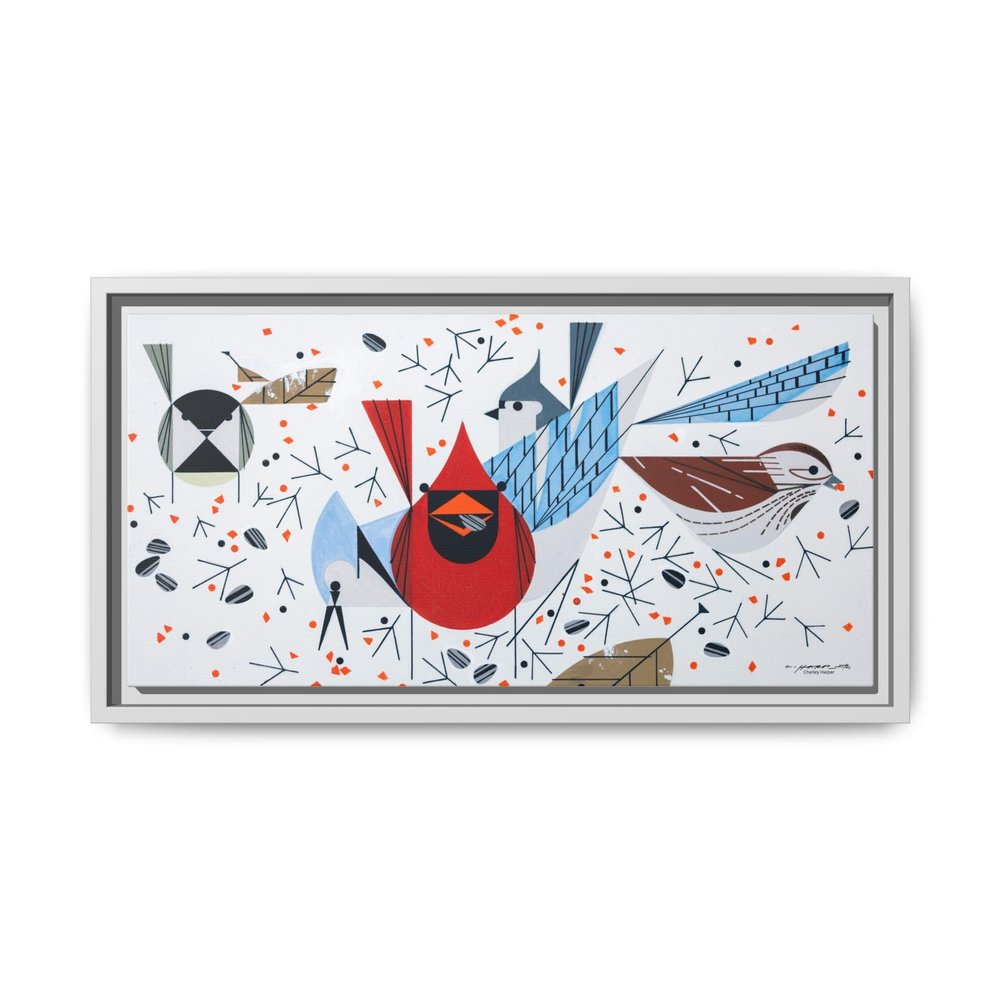 Charley Harper Mid-Century Modern Bird Art Minimal Realism Wildlife Canvas with Cardinals & Blue Jays