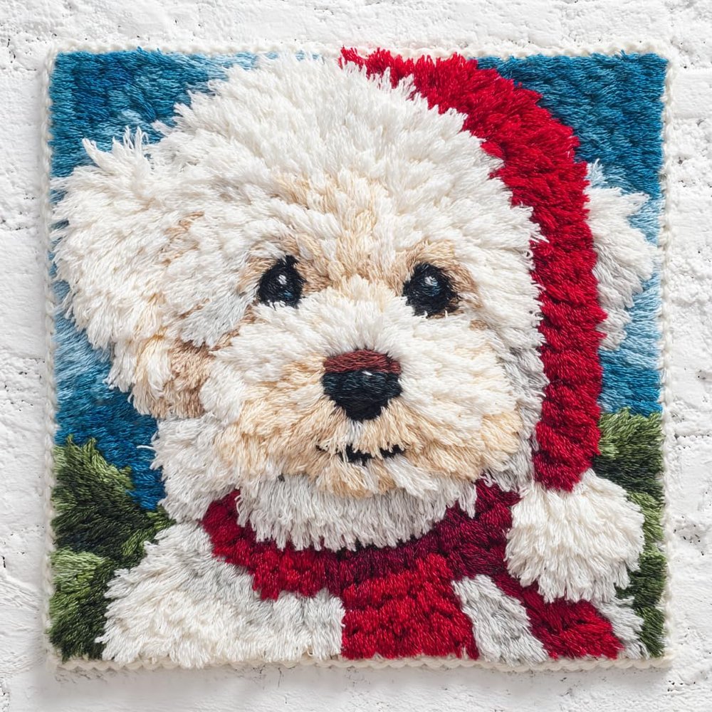 DIY Punch Needle Kits Maltese Dog with Christmas Square Framed Pre-Printed Embroidery Starter Set Stress Relief Craft Hobby and Home Decor 20x20cm-2