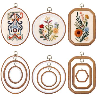 9 Pcs Embroidery Hoop Frame Set Decorative Imitated Wood Embroidery Hoop Display Frame for Art Craft Sewing Decorative Ornaments, Circle, Oval, Octagonal Hoops