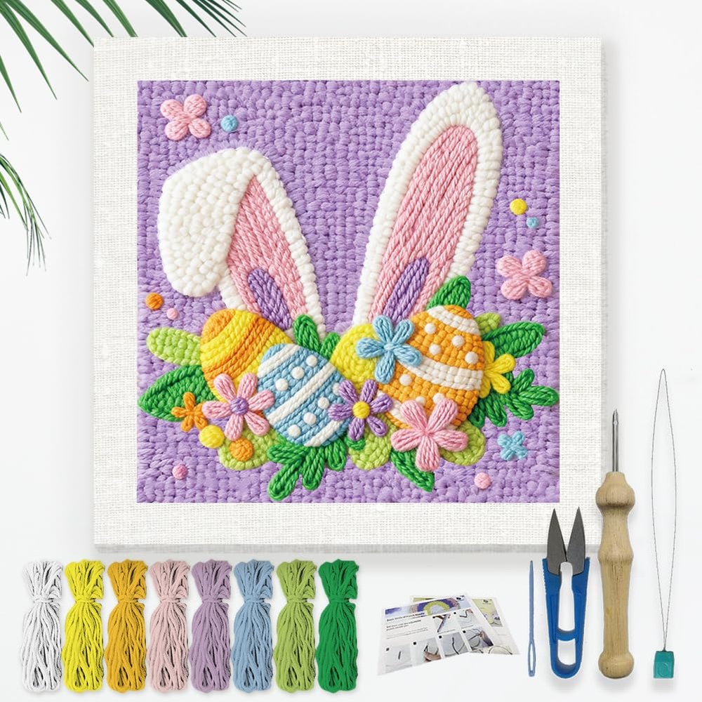 Doodlream Easter Bunny Ears Egg DIY Punch Needle Embroidery Kit for Adult Beginner, 9.4" Floral Rabbit Ears Punch Stitching Craft Set for Starter with Frame,Fabric Pattern,Threader, Yarn, Pinch Needle