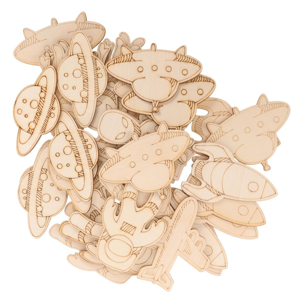 GALPADA 32pcs Outer Space Wooden Craft Unfinished Wood Chips DIY Planet Rocket Hanging Ornaments for Party Decorations Lightweight Wood Material