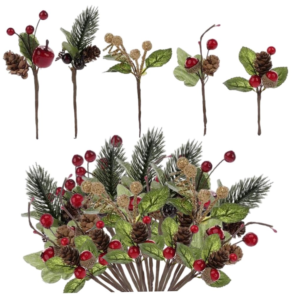 CAKEEYUM 30Pcs Christmas Picks Red Berries Pine Cones Evergreen Christmas Wreath Artificial Craft Supplies Ornaments for Birthday Wedding Table Centerpiece Picks Tree Christm