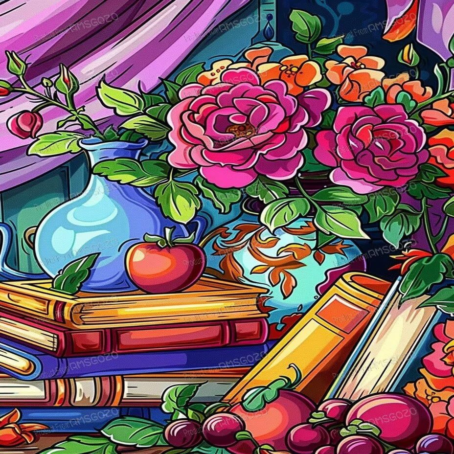 DIY Cartoon Book Roses Diamond Painting, Full Round Crystal Gemstone Art Cross Stitch Diamond Art Kits, for Adults & Beginners, for Room Decor Wall Decor 12X16 Inch