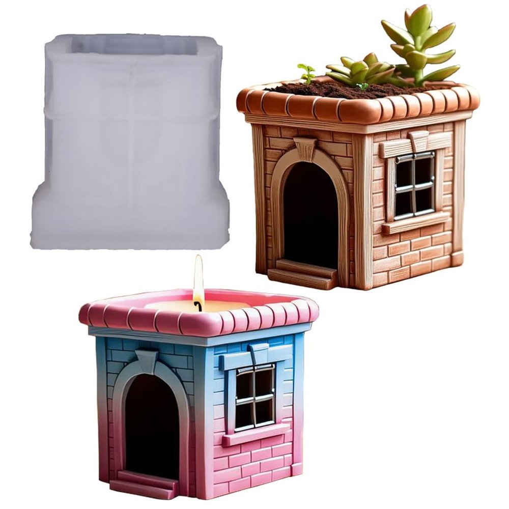 House Shaped Candle Holder Silicone Molds, Square Flower Succulent Pot Resin Mold, Jewelry Trinket Storage Box Mold, for DIY Crafts Tealight Vessel Pen Makeup Brush Holder Home Decor (#2)
