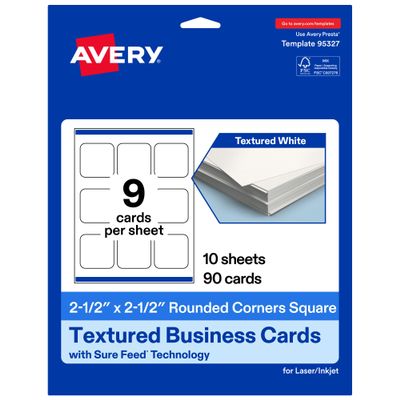 Avery Printable Square Rounded Corners Business Cards, Sure Feed Technology, 2.5" x 2.5", Textured Matte White, Print-To-The-Edge Capability, Laser & Inkjet Compatible, 90 Total