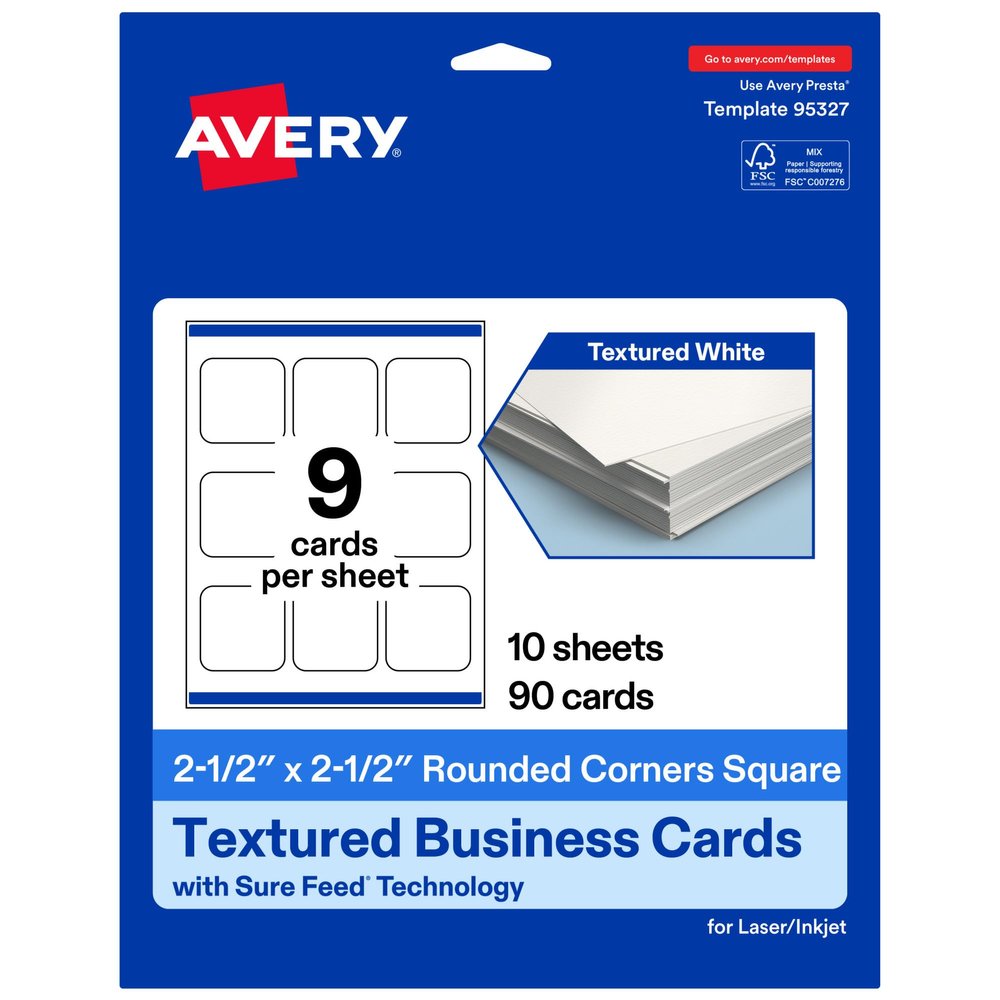 Avery Printable Square Rounded Corners Business Cards, Sure Feed Technology, 2.5" x 2.5", Textured Matte White, Print-To-The-Edge Capability, Laser & Inkjet Compatible, 90 Total