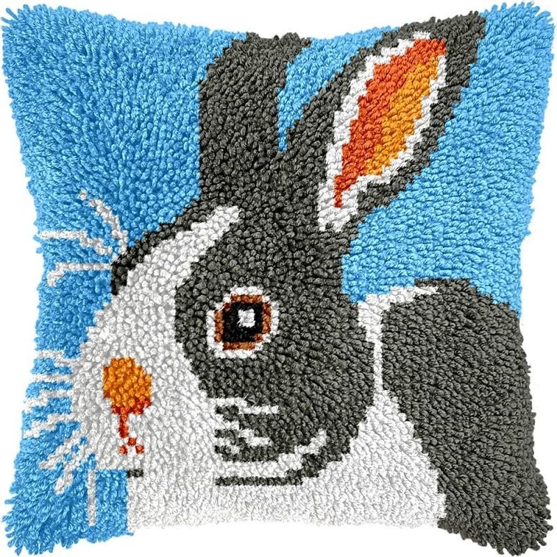 Rabbit Latch Hook Pillow Kits Pillow Cover Pattern Printed Canvas Knitted Hooking Pillowcase Cushion with Zipper Crafts Crochet Home Decor DIY Kits 17x17 inch(s-65)
