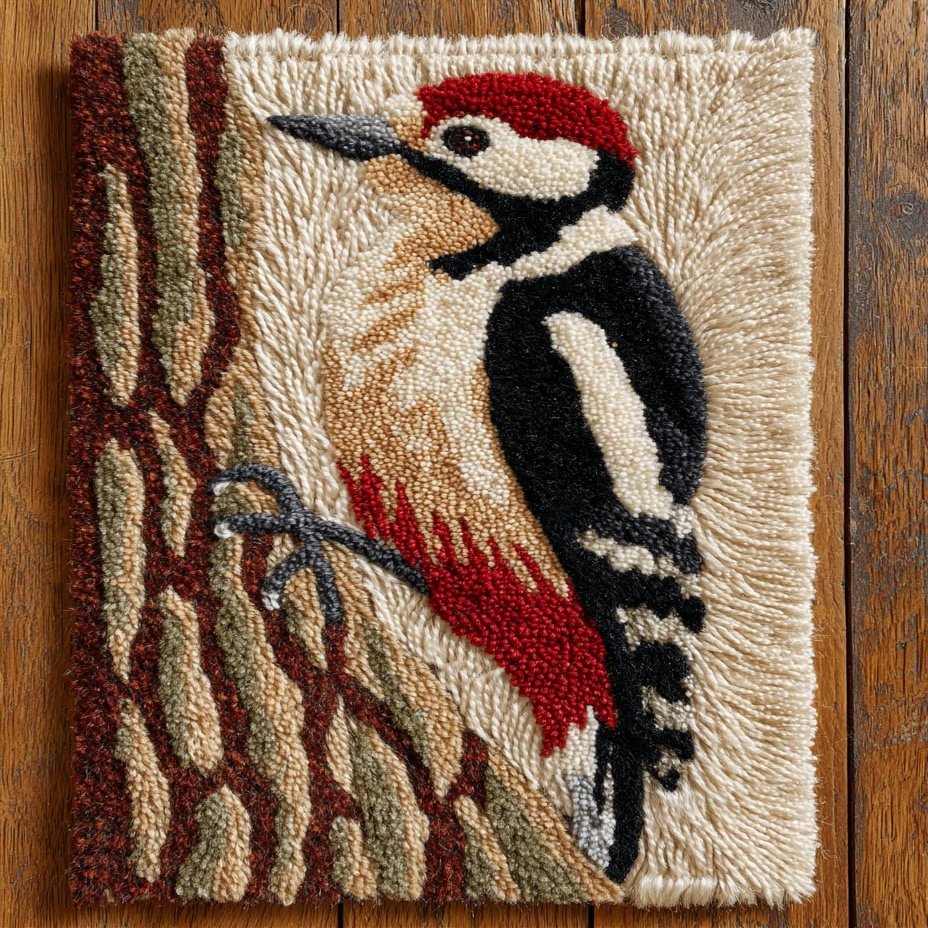 DIY Latch Hook Rug Kit Woodpecker on Tree Easy for Beginners Crochet Yarn Hook and Latch Tapestry Mat Cushion Craft Set for Home Decor 38x52cm-2