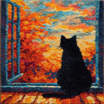 DIY Latch Hook Rug Kit Black Cat Back Sit on Window Look Outside Autumn Scene Easy for Beginners Crochet Yarn Hook and Latch Tapestry Mat Cushion Craft Set for Home Decor 40x60cm-2
